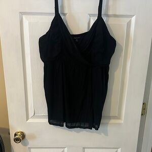 Torrid black mesh babydoll tank with ruched criss cross neckline